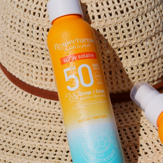 Spray Solaire SPF50 - RESPECTUEUSE - Haute Performance - Naturel et Écoresponsable